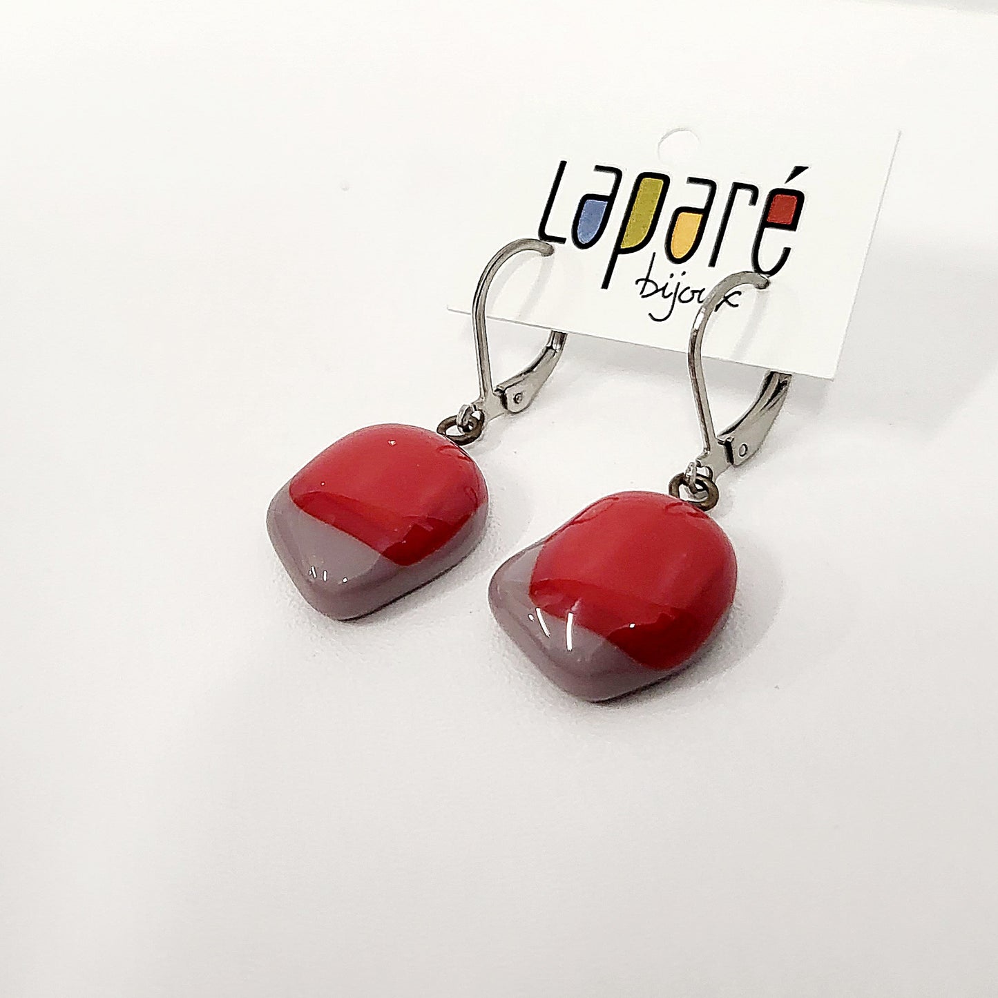 LAP - Ash lilac and red fused glass earrings.