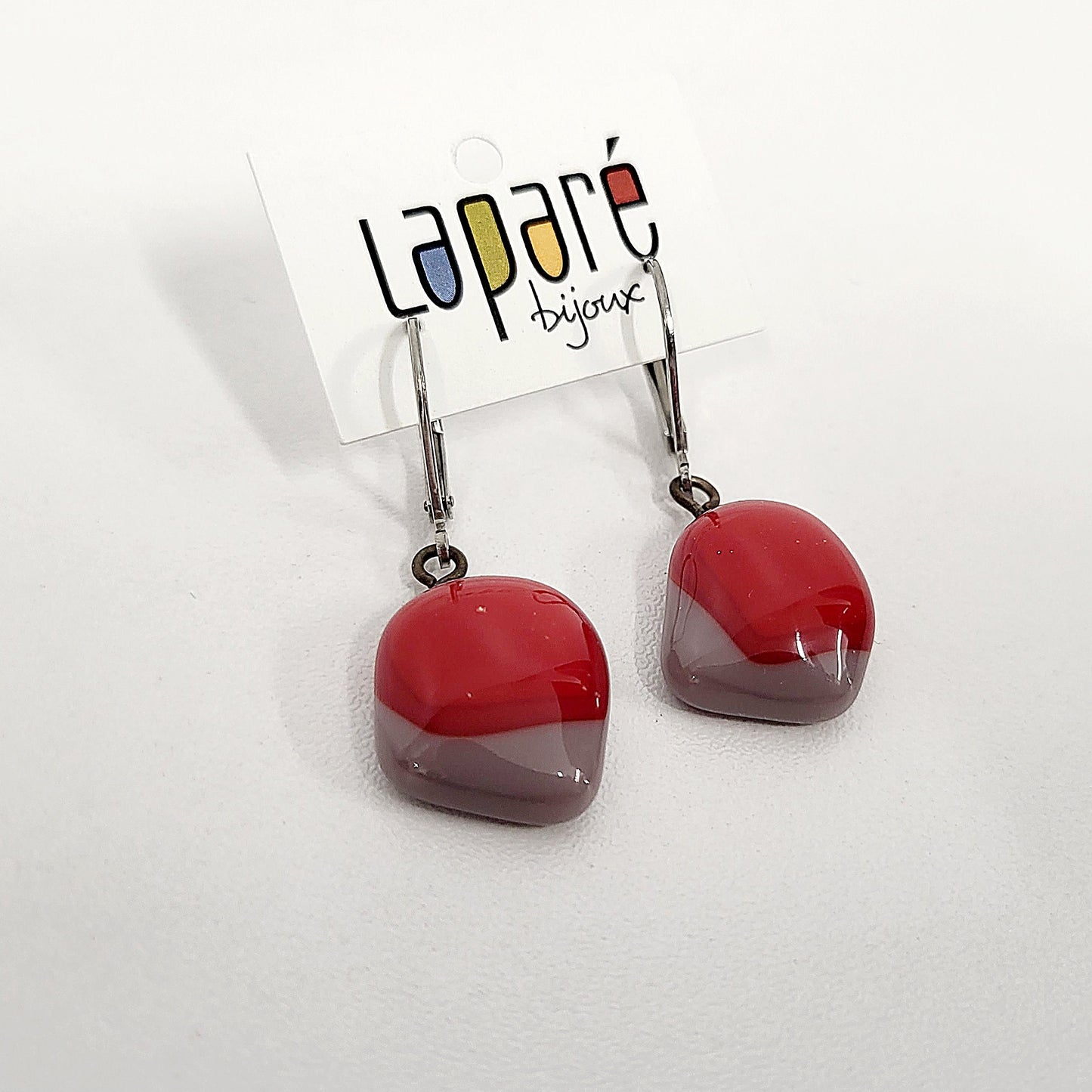 LAP - Ash lilac and red fused glass earrings.