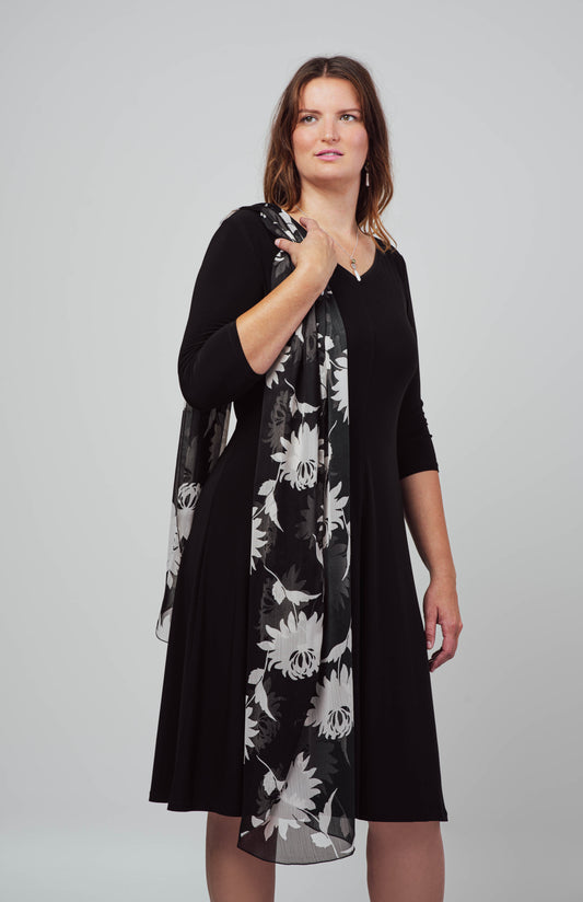 Foulard long en voilage noir imprimé de fleurs crème