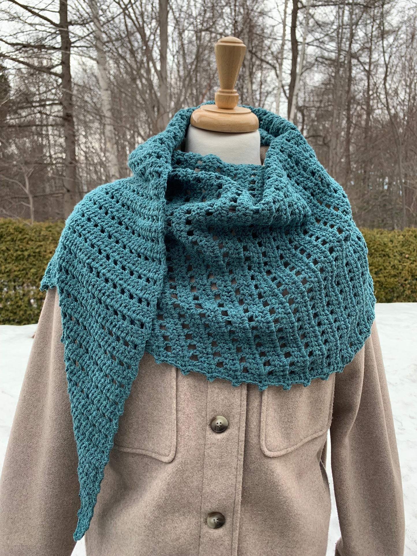 MPA - Katia teal blue crochet shawl.