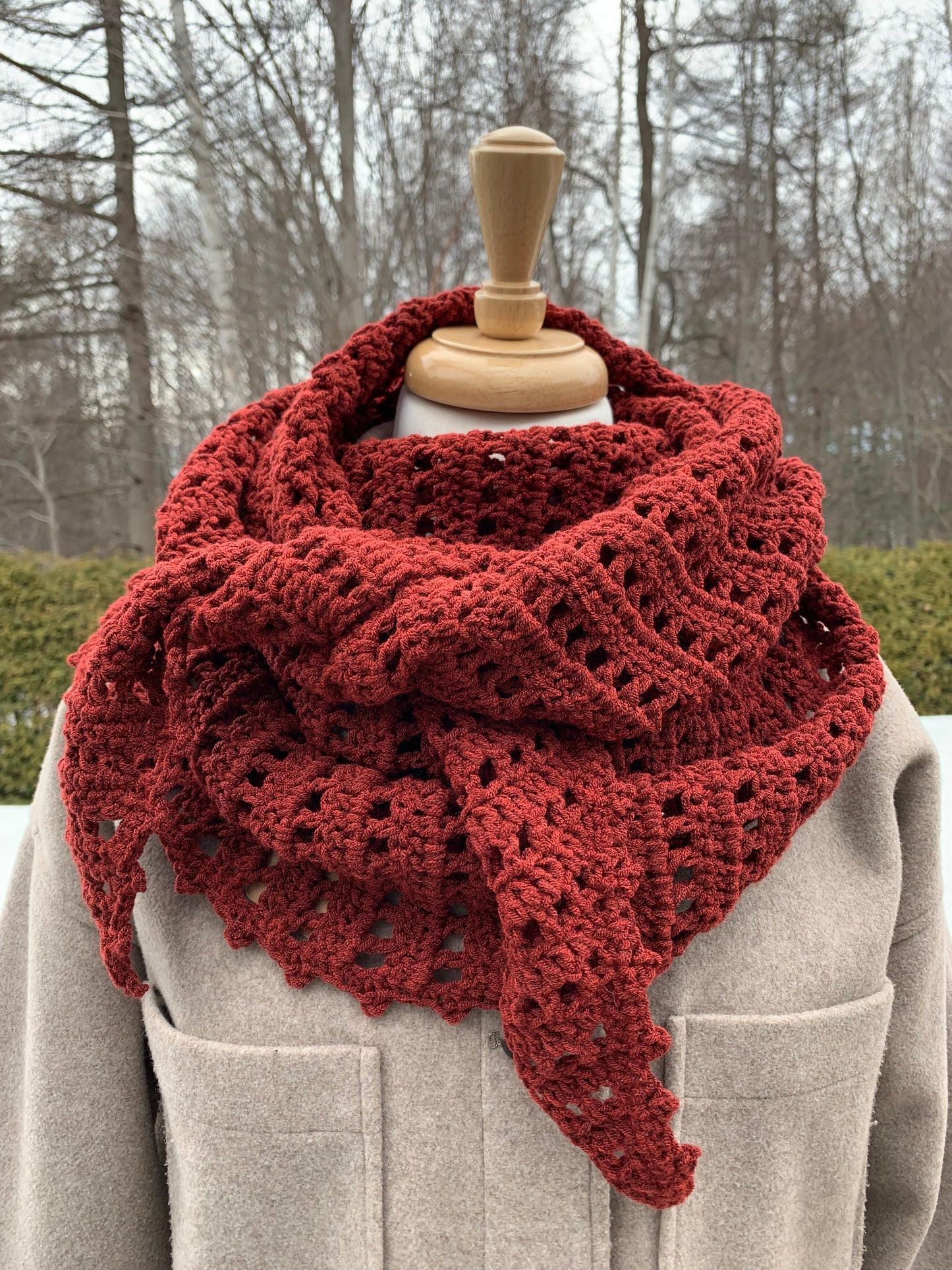 MPA - Katia brick red crochet shawl.