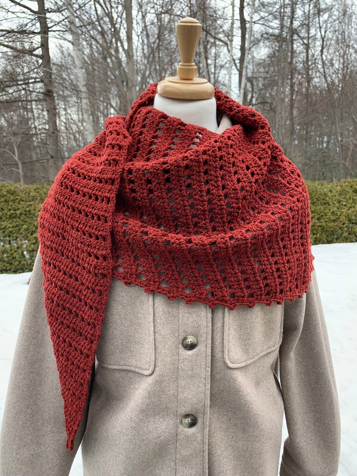 MPA - Katia brick red crochet shawl.