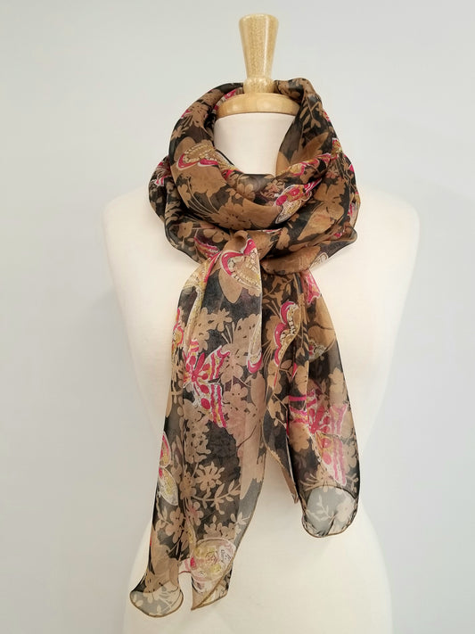 Foulard long en soie, imprimé fleurs et papillons
