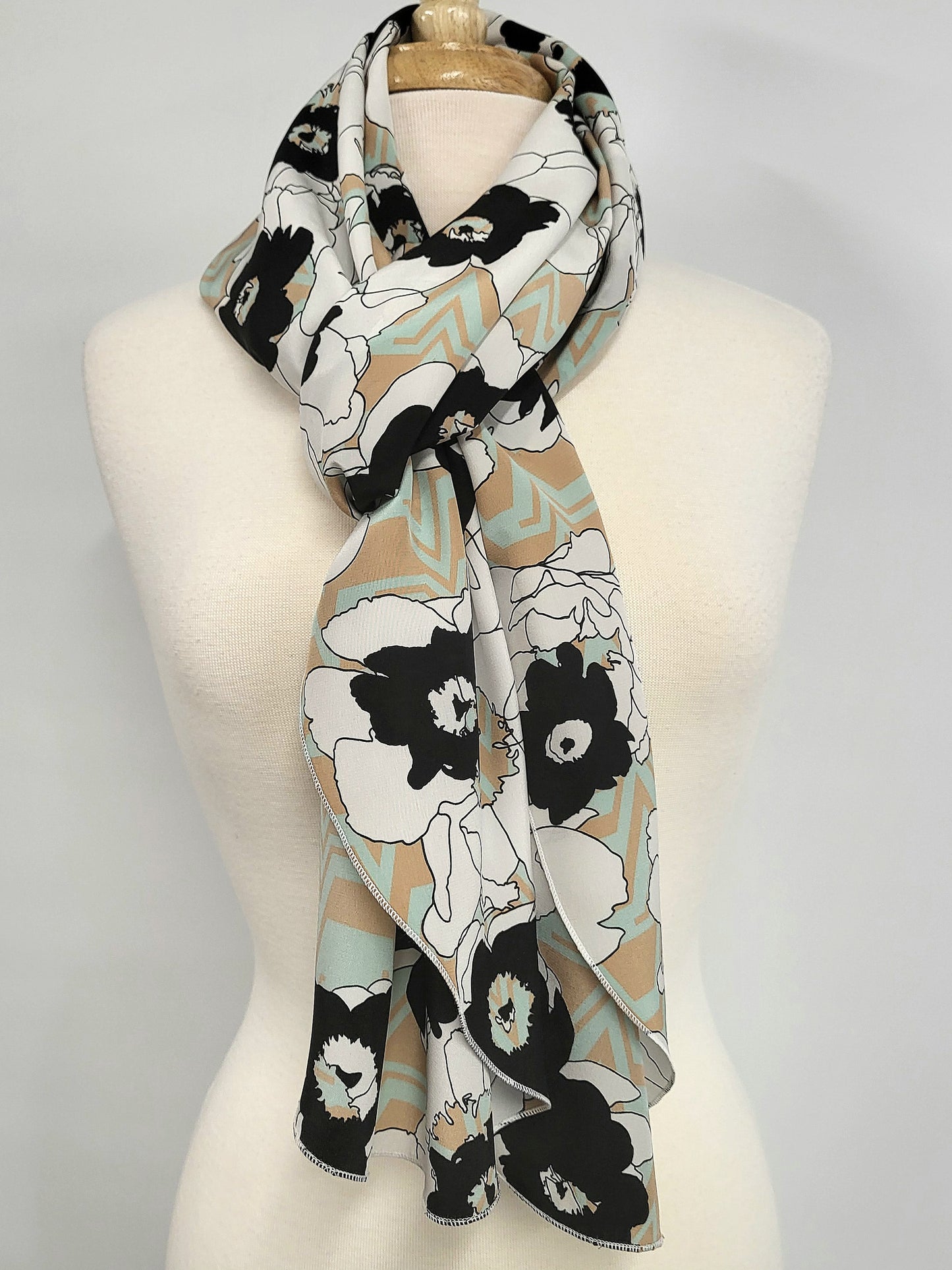 Long silk scarf, floral and chevron print