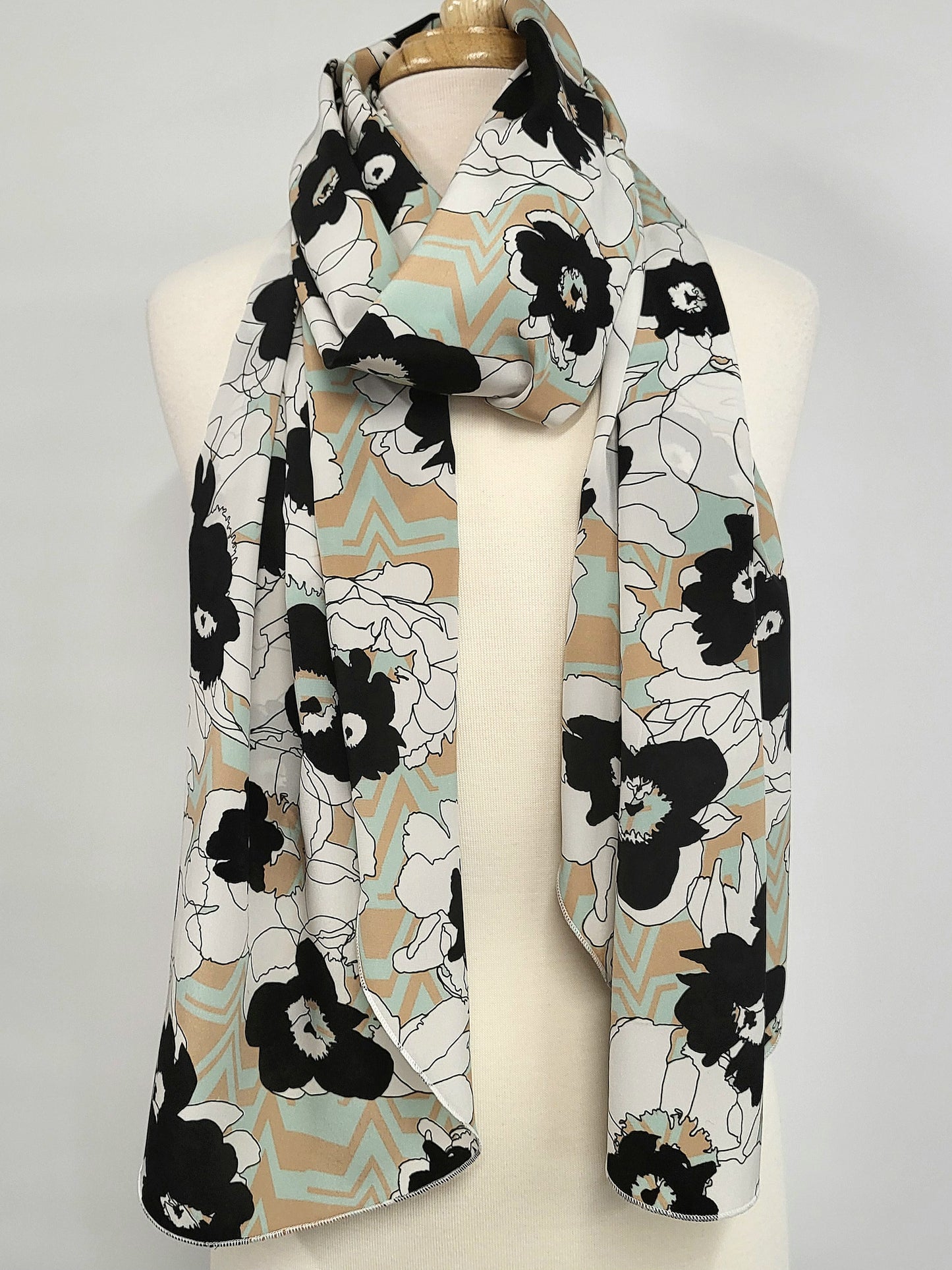 Long silk scarf, floral and chevron print