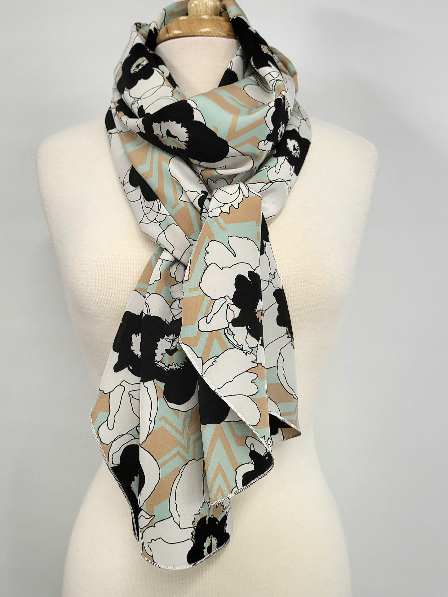 Long silk scarf, floral and chevron print