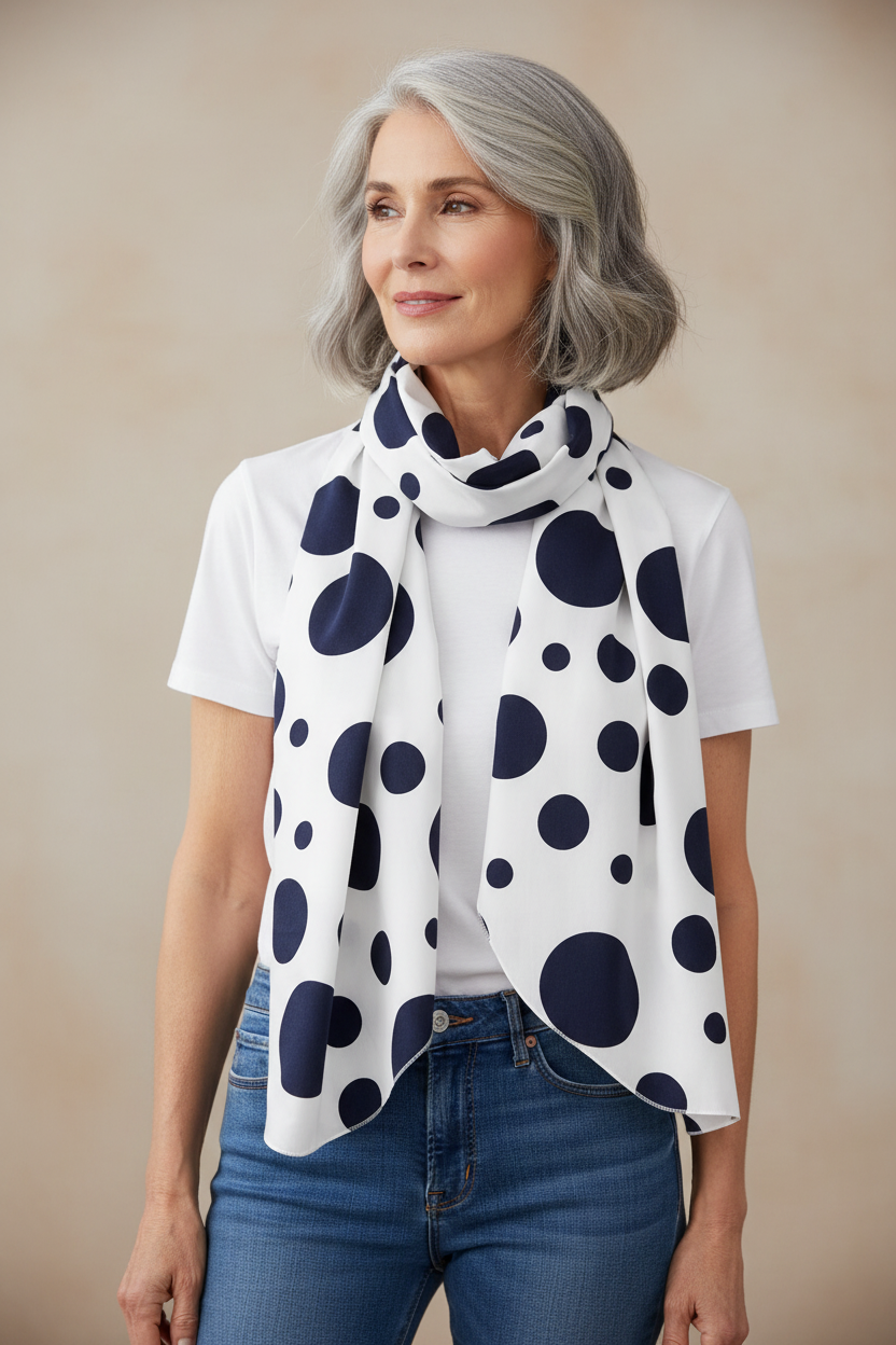 Long cotton scarf, large navy blue polka dots on a white background