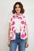 Long cotton scarf, large fuchsia polka dots on a white background
