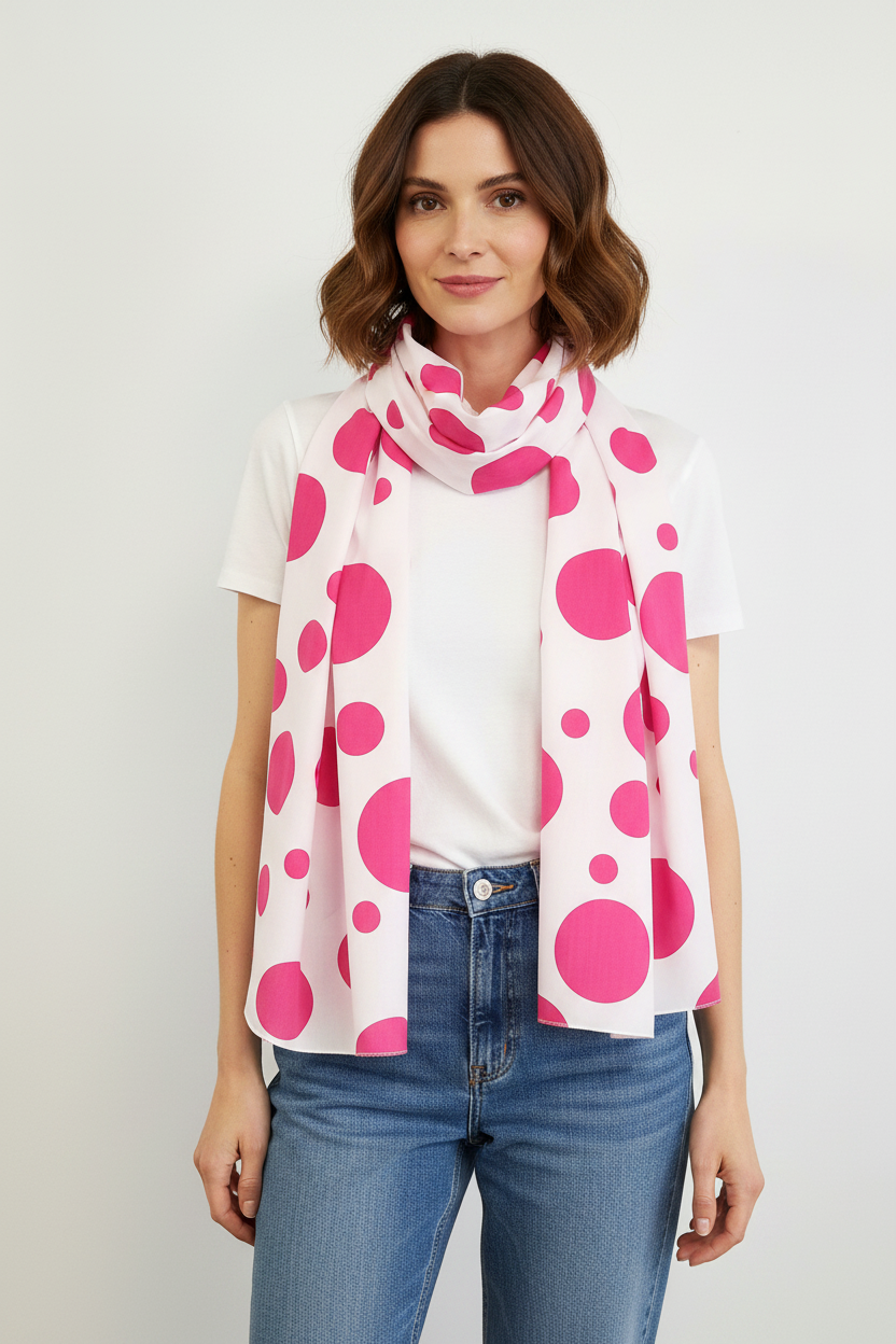 Long cotton scarf, large fuchsia polka dots on a white background