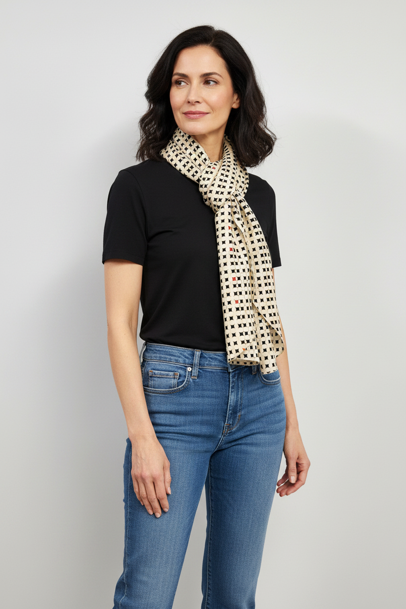 Long silk scarf, cream and black with small touches of color