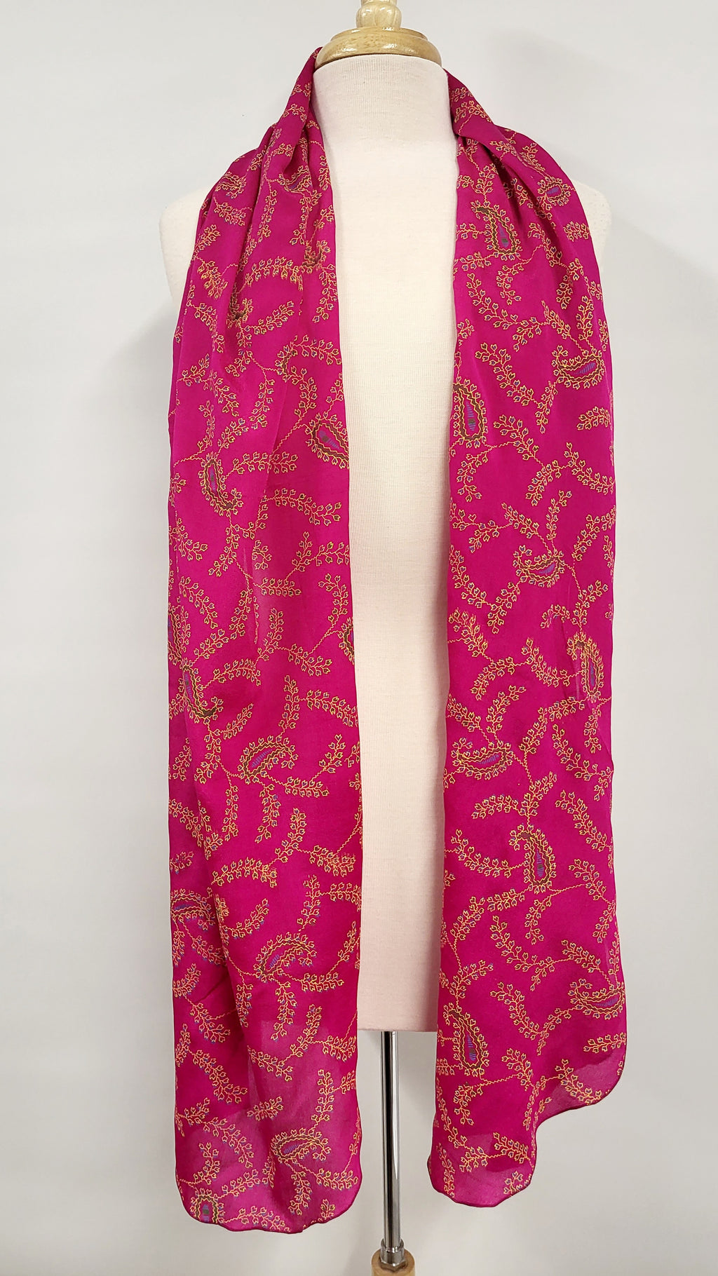 Long fuchsia silk scarf with paisley print