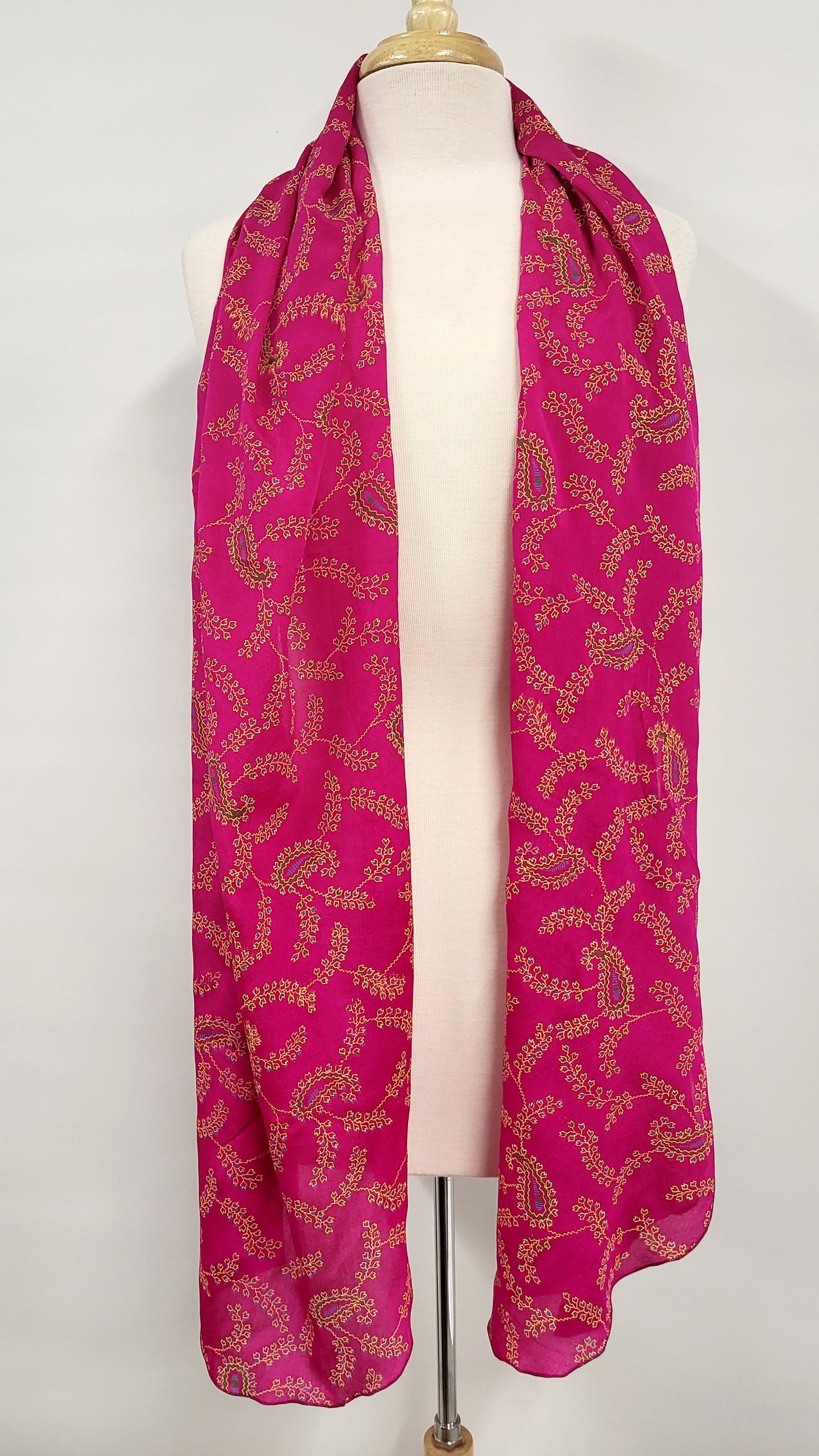 Long fuchsia silk scarf with paisley print