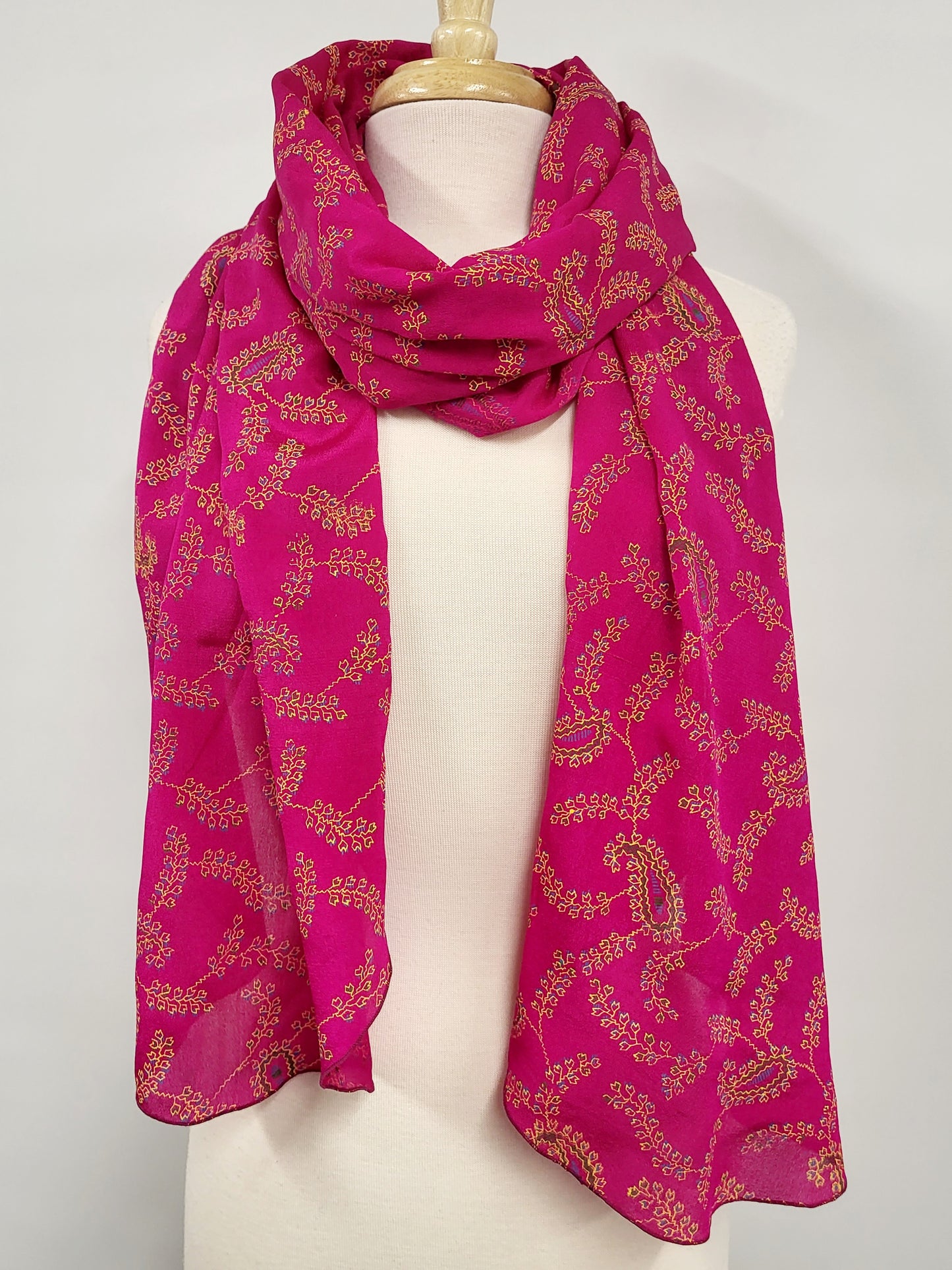 Long fuchsia silk scarf with paisley print