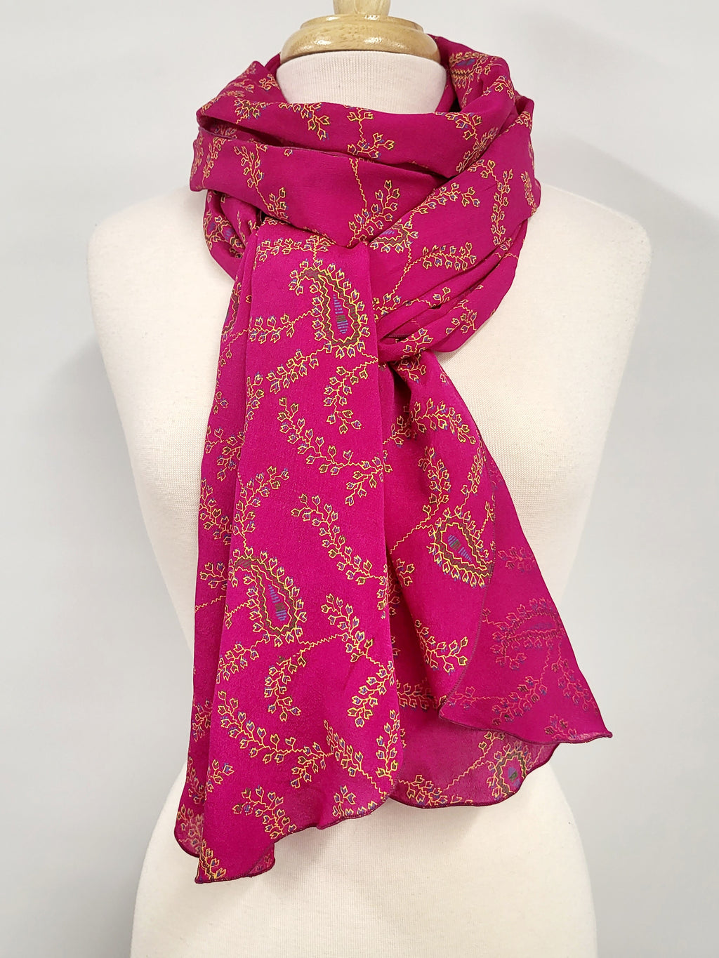 Long fuchsia silk scarf with paisley print