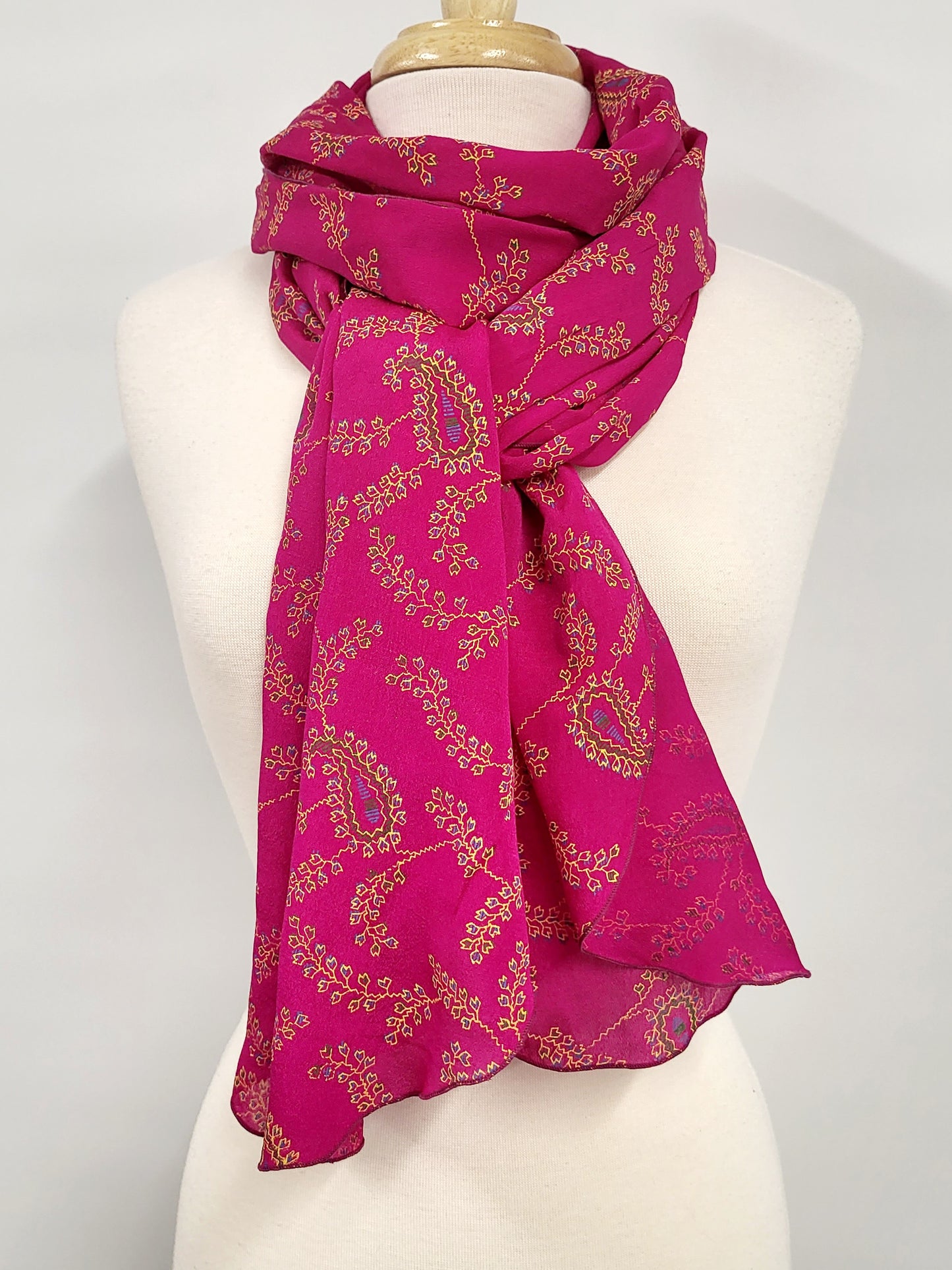Long fuchsia silk scarf with paisley print