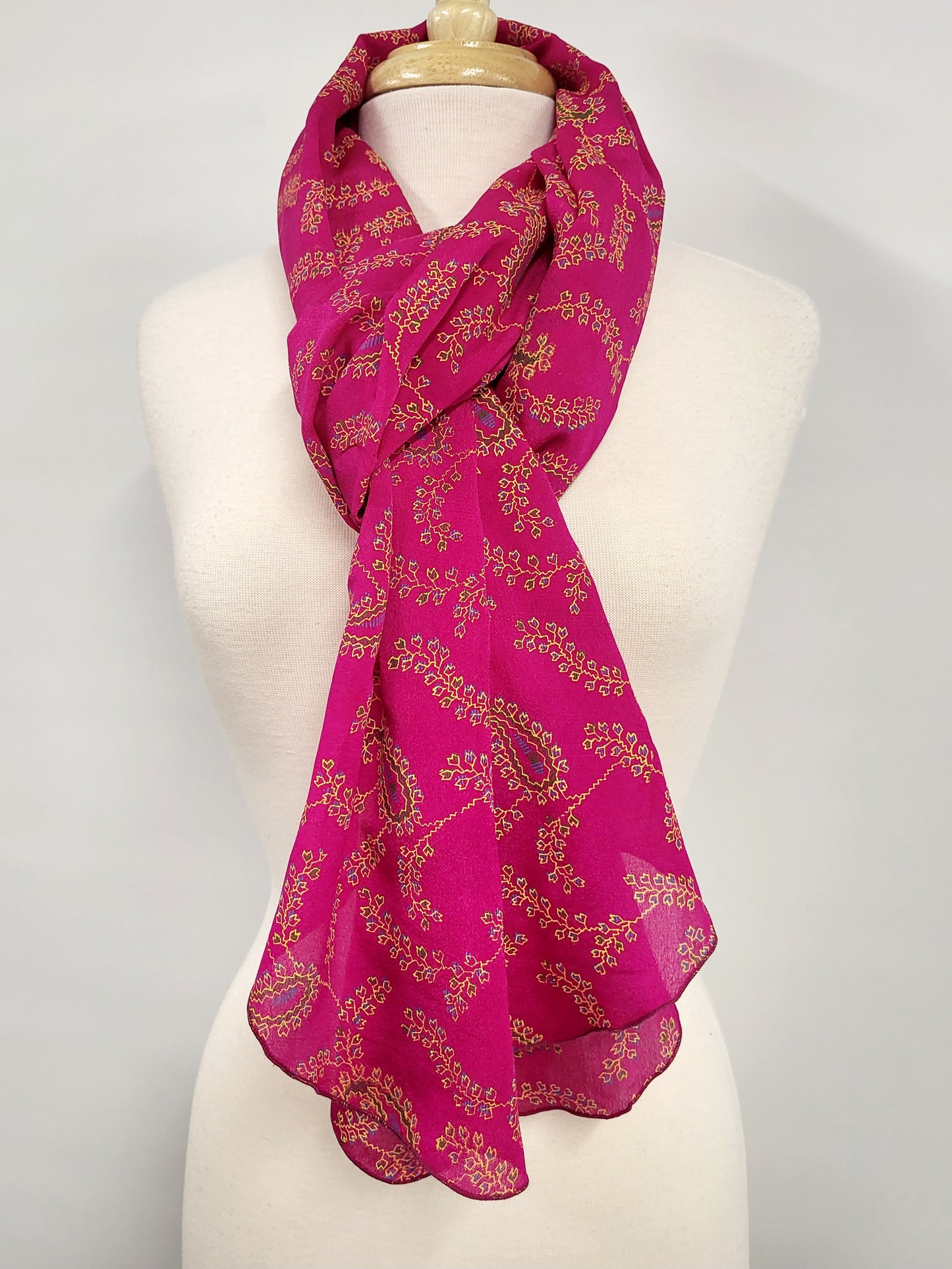 Long fuchsia silk scarf with paisley print