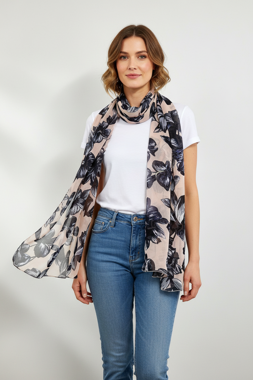 Long voile scarf printed with navy flowers on a pink background