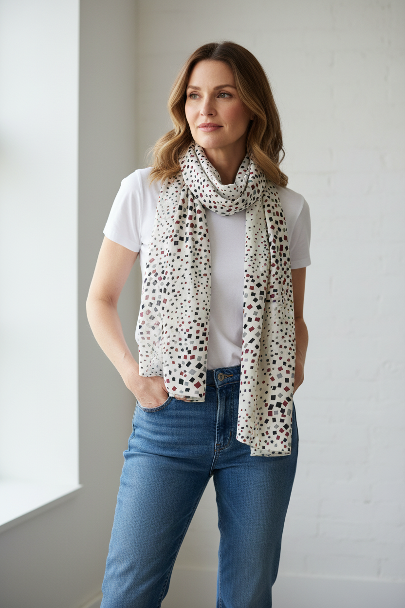Foulard long imprimé de petits carrés noir, gris et bourgogne sur fond écru.