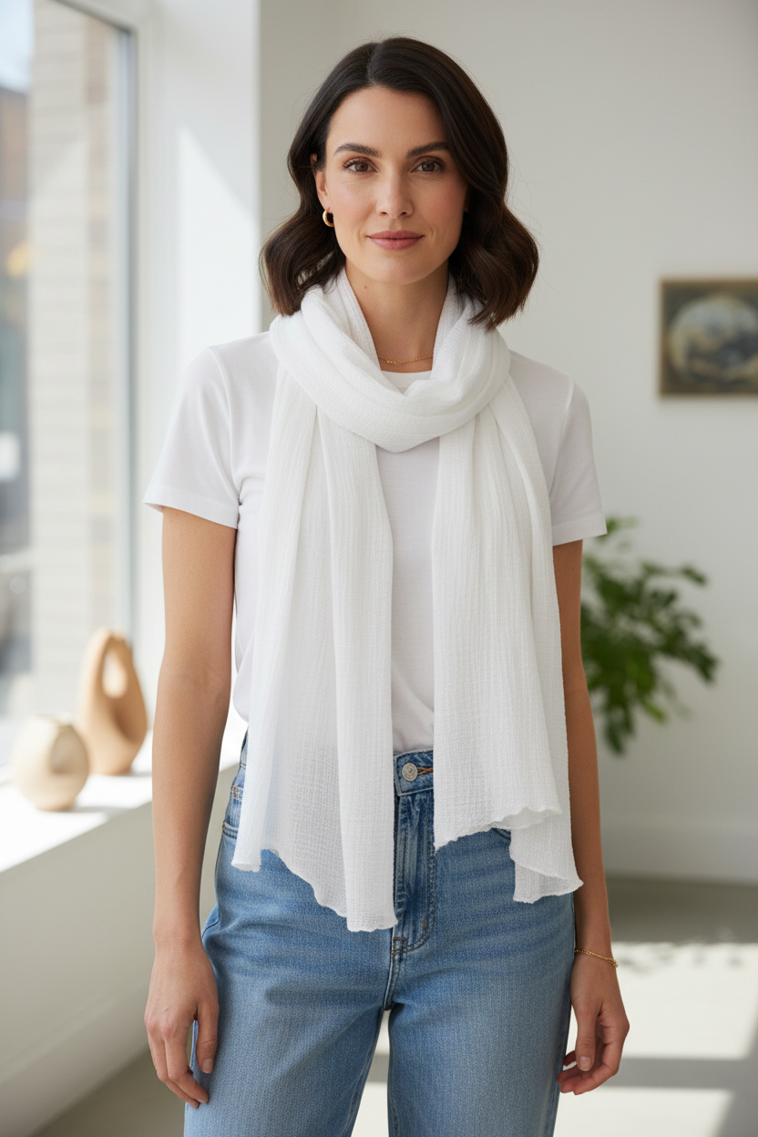 Long, lightweight white waffle cotton scarf