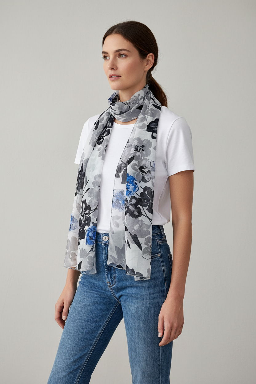 Large chiffon scarf printed with grey, black, and blue flowers.