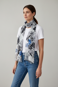 Large chiffon scarf printed with grey, black, and blue flowers.