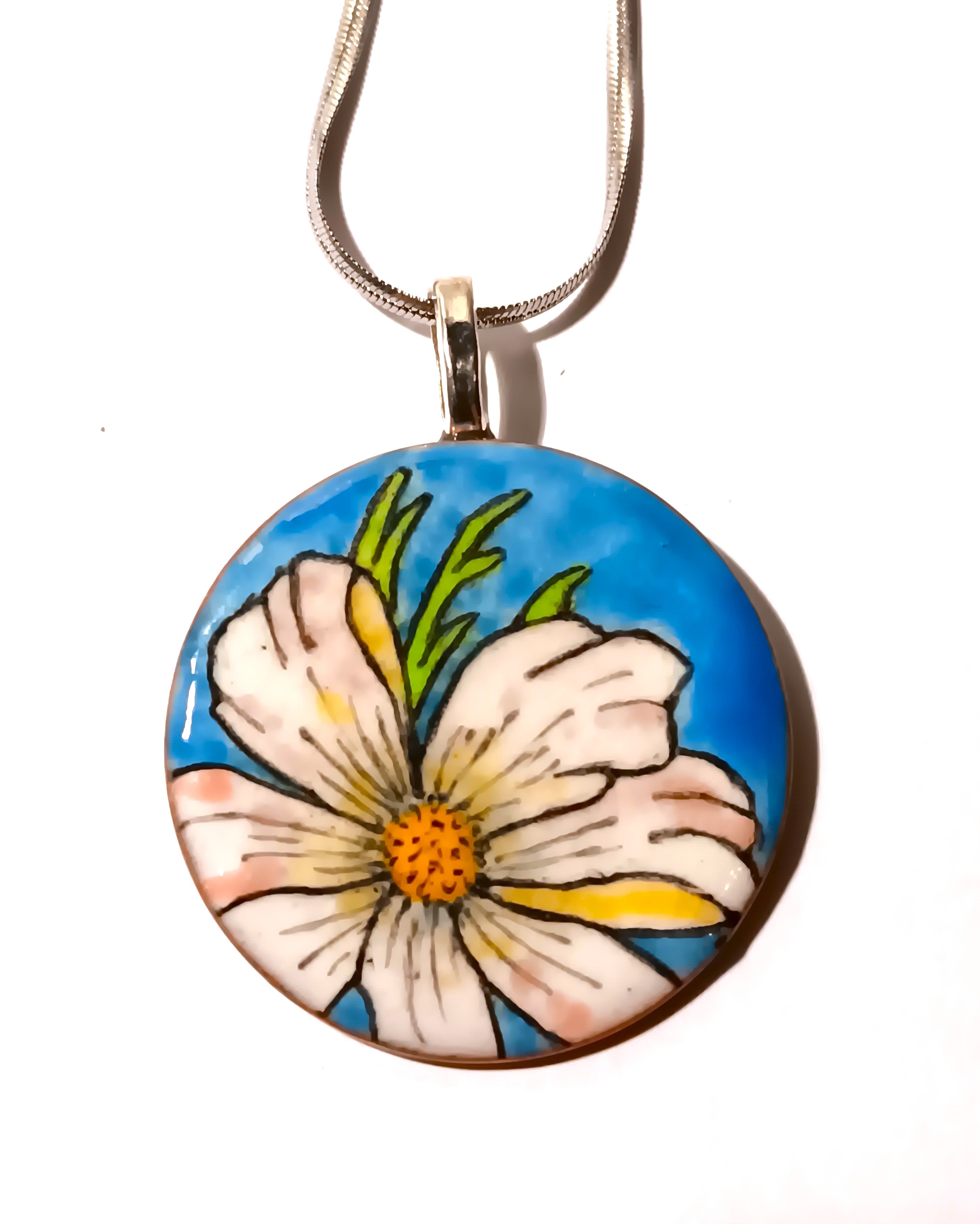 CHA - Pendentif en émail sur cuivre - Collection Flora 2 bleu