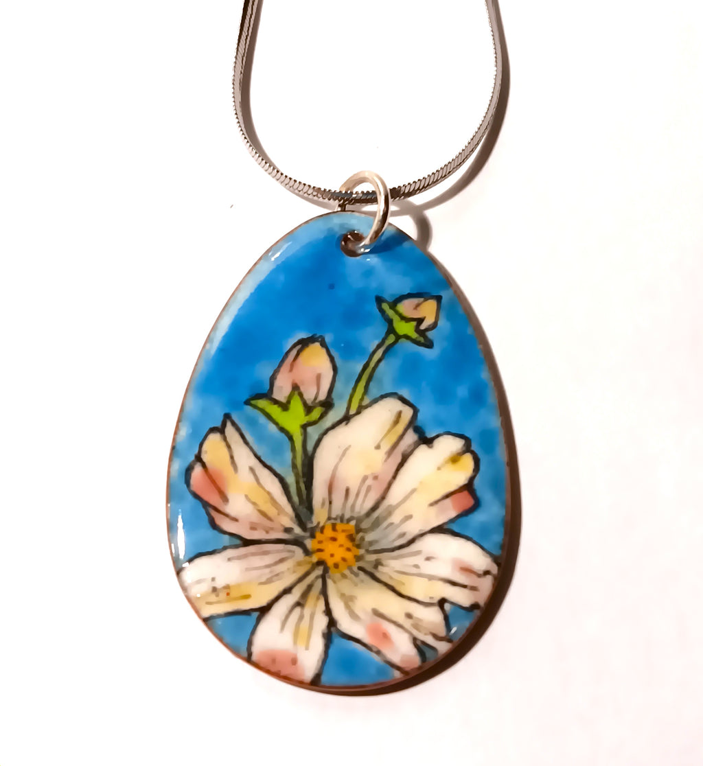 CHA - Pendentif en émail sur cuivre - Collection Flora 2 bleu