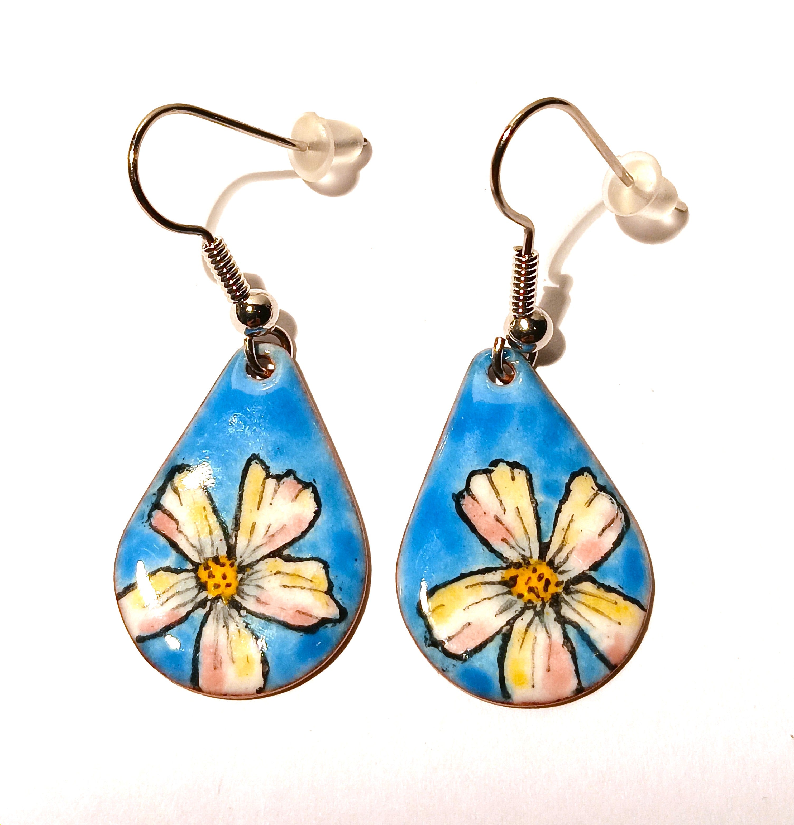 CHA - Boucles d’oreilles en émail sur cuivre - Collection Flora 2 bleu