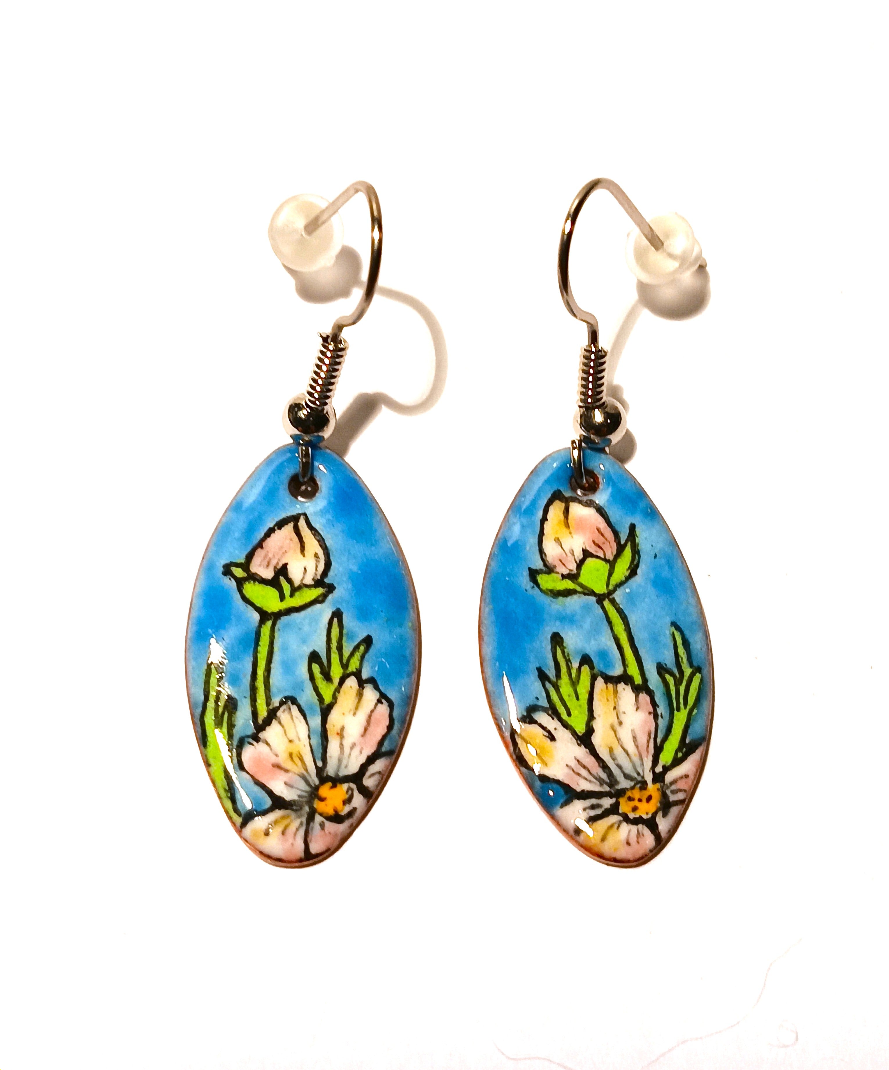 CHA - Boucles d’oreilles en émail sur cuivre - Collection Flora 2 bleu