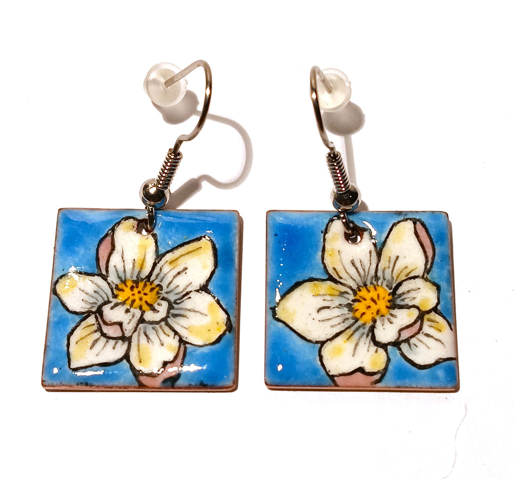 CHA - Boucles d’oreilles en émail sur cuivre - Collection Flora 2 bleu