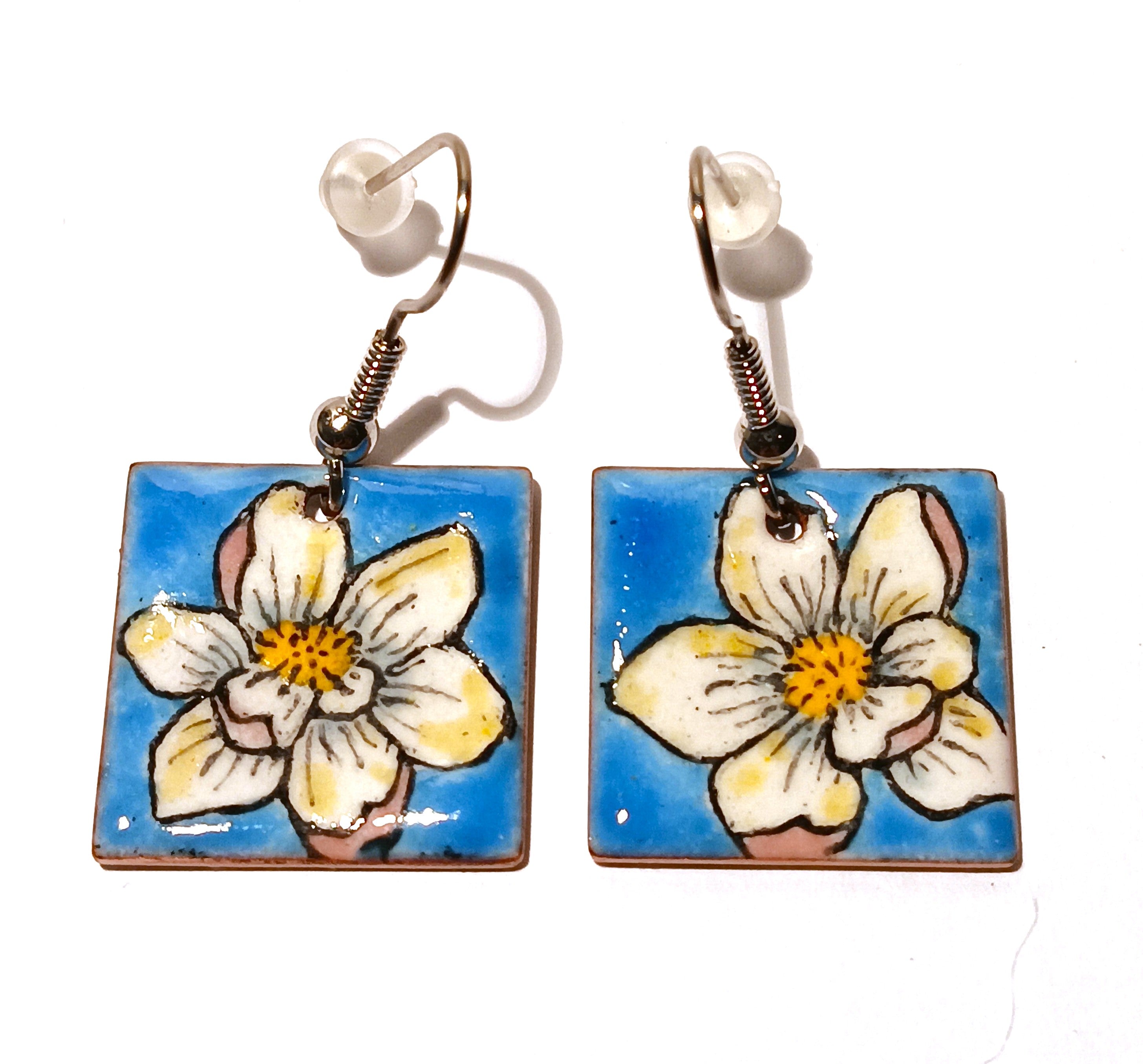 CHA - Boucles d’oreilles en émail sur cuivre - Collection Flora 2 bleu