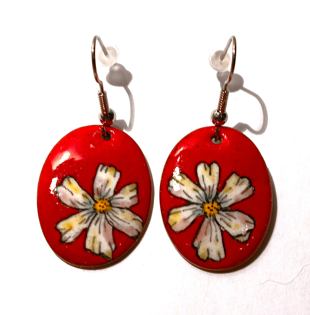 CHA - Boucles d’oreilles en émail sur cuivre - Collection Flora 2 rouge
