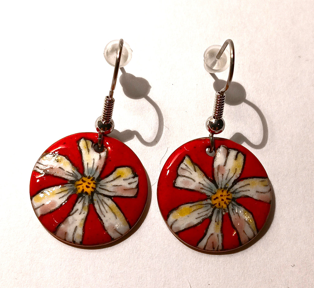 CHA - Boucles d’oreilles en émail sur cuivre - Collection Flora 2 rouge