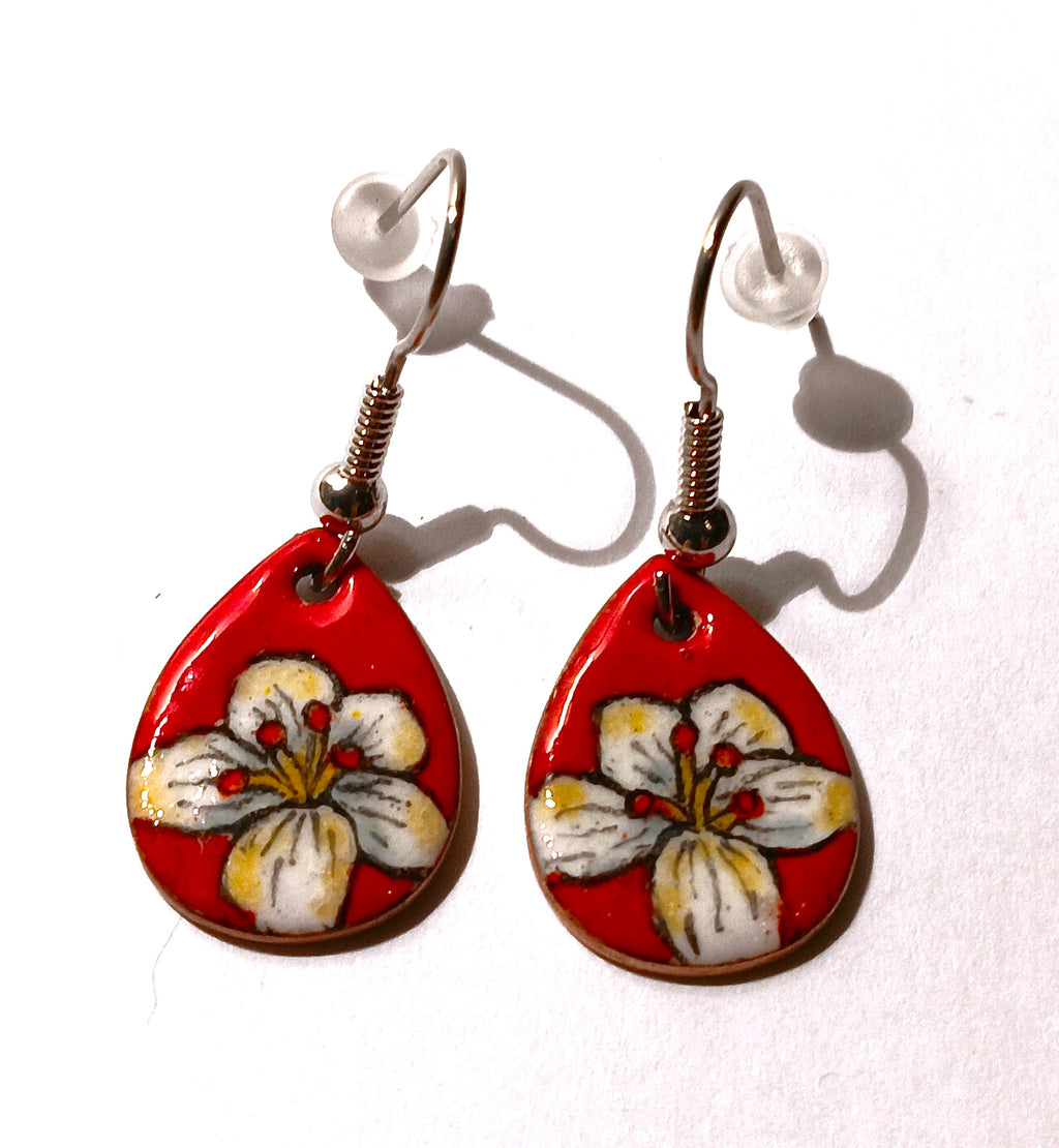 CHA - Boucles d’oreilles en émail sur cuivre - Collection Flora 2 rouge
