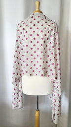 Foulard long en soie, blanc avec petites fleurs magenta et pois bruns.