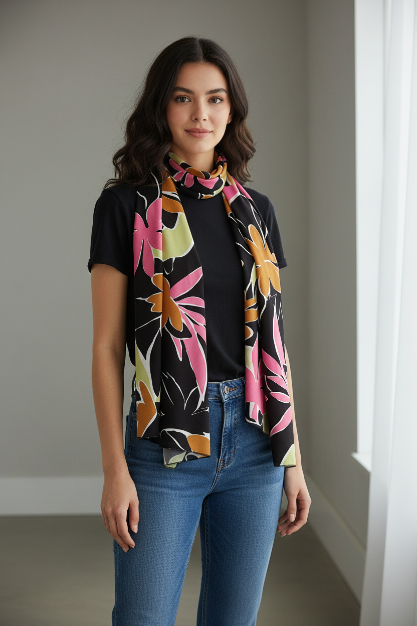 Foulard long imprimé feuillage coloré sur fond noir