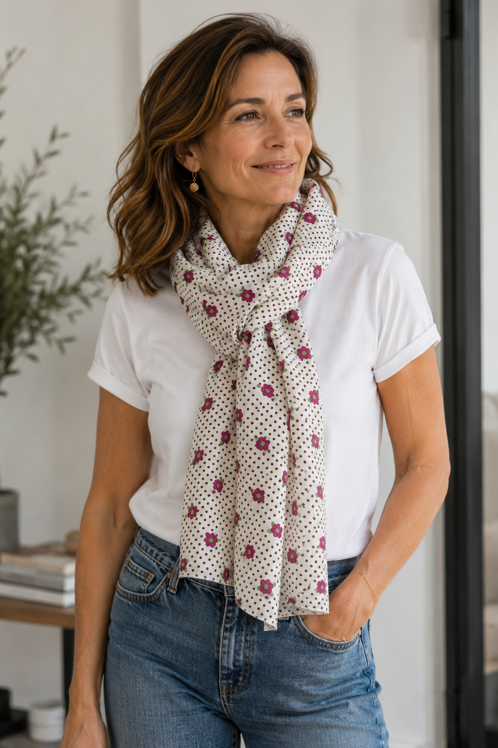 Foulard long en soie, blanc avec petites fleurs magenta et pois bruns.