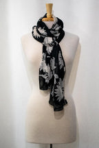 Long black voile scarf with cream flower print
