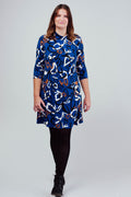 Christine dress with three-quarter sleeves, contemporary print on an electric blue background