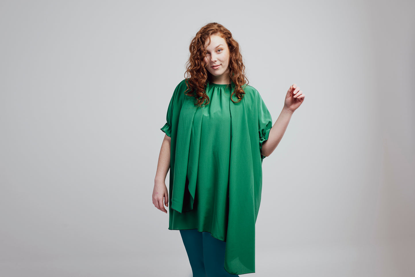 "Hélène" tunic in pure emerald green silk, one size