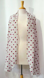Foulard long en soie, blanc avec petites fleurs magenta et pois bruns.