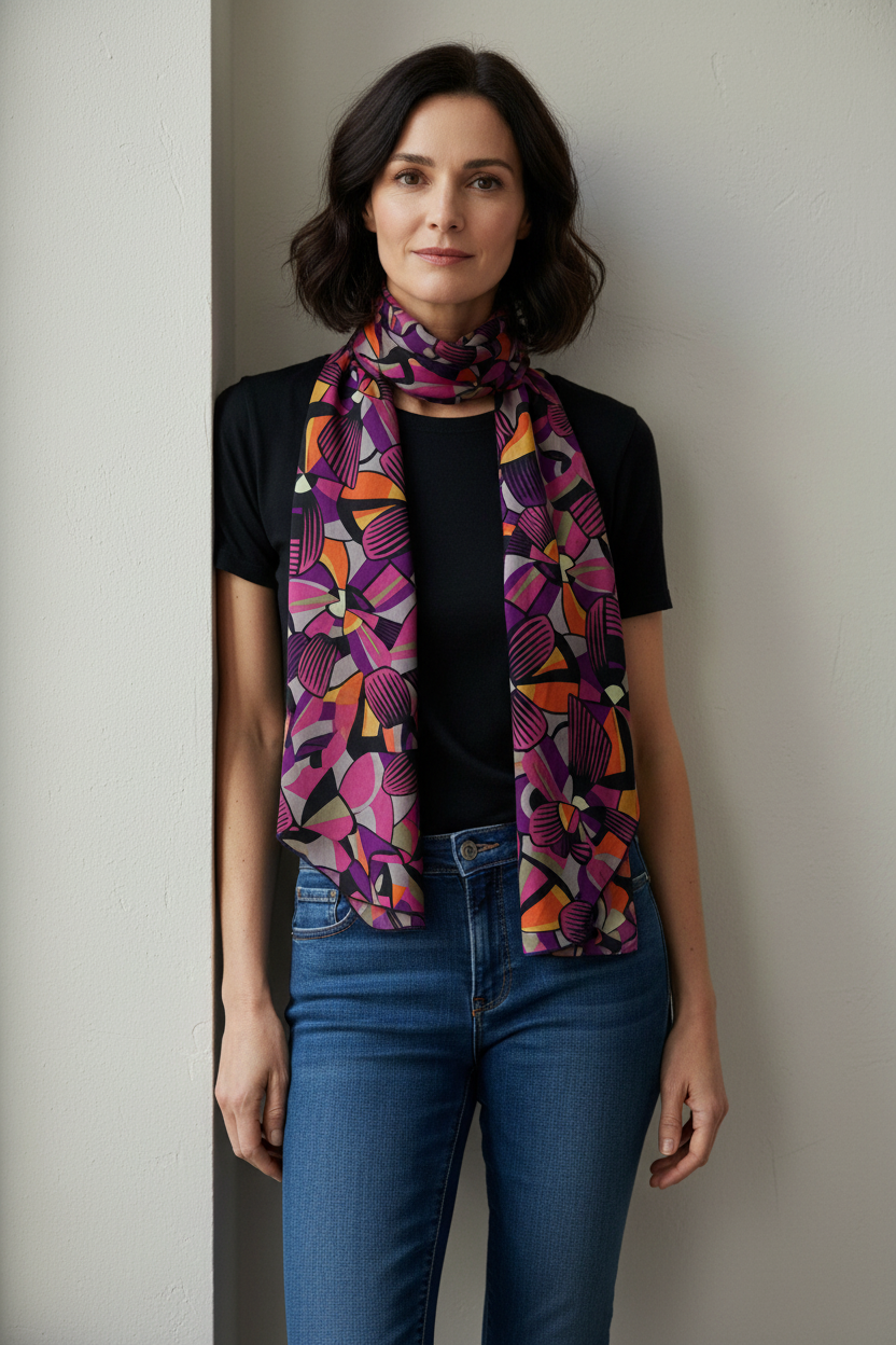 Foulard long en soie, imprimé exotique en tons de prune
