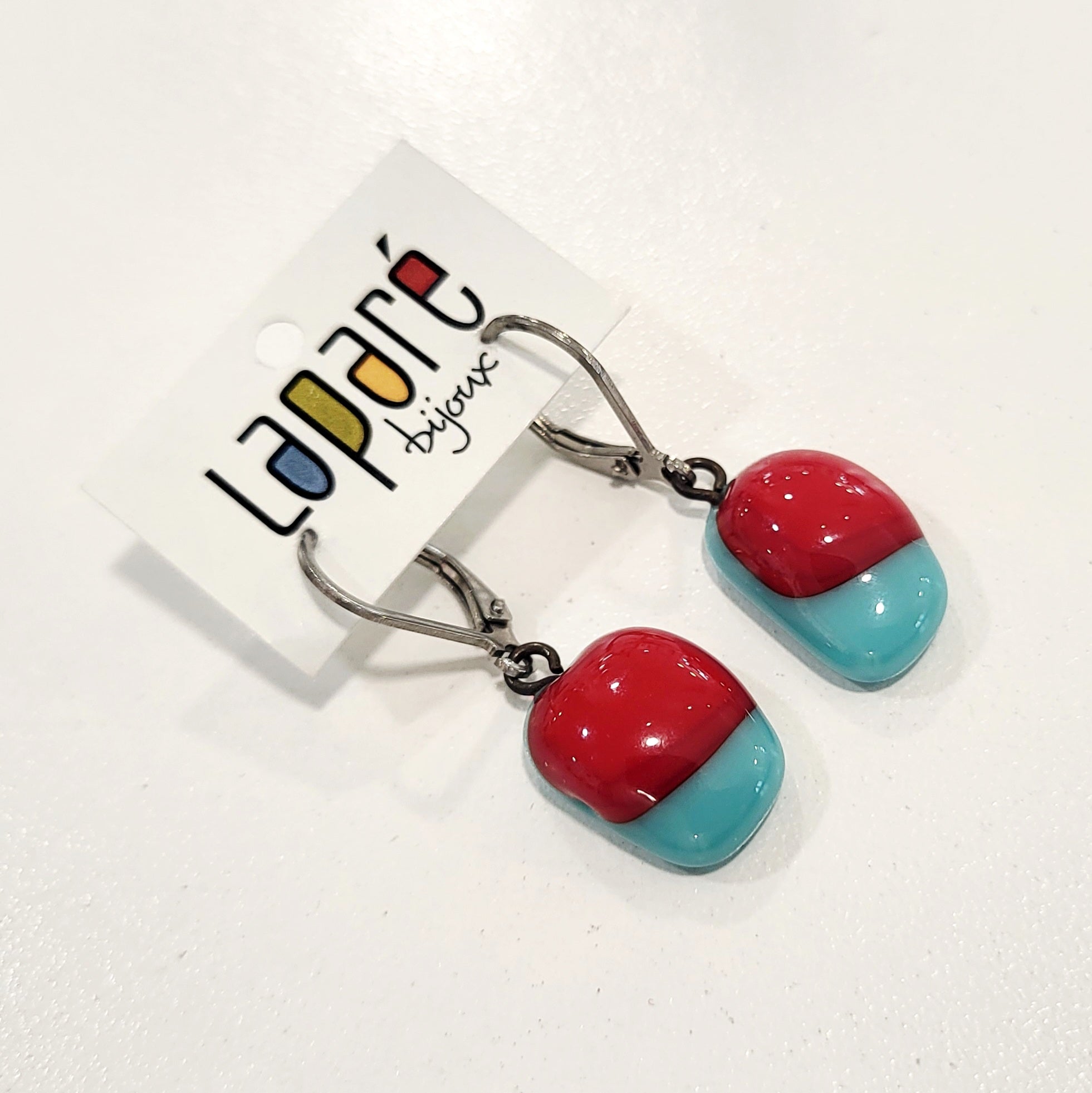 LAP - Boucles d'oreilles turquoise et rouge en verre fusionné, Laparé bijoux (Copie)