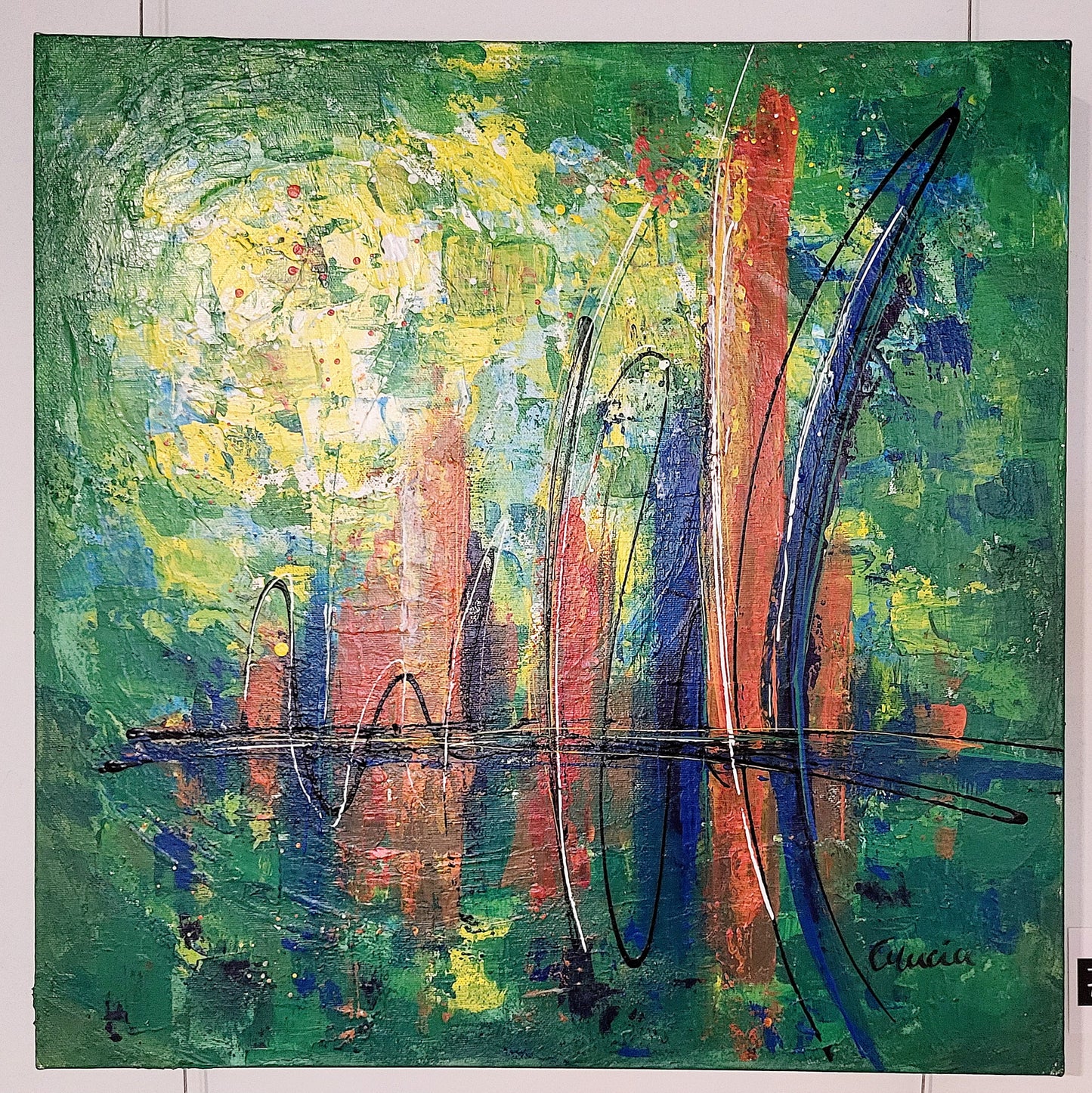 ''Verdure urbaine" tableau 18 x 18 à l'acrylique
