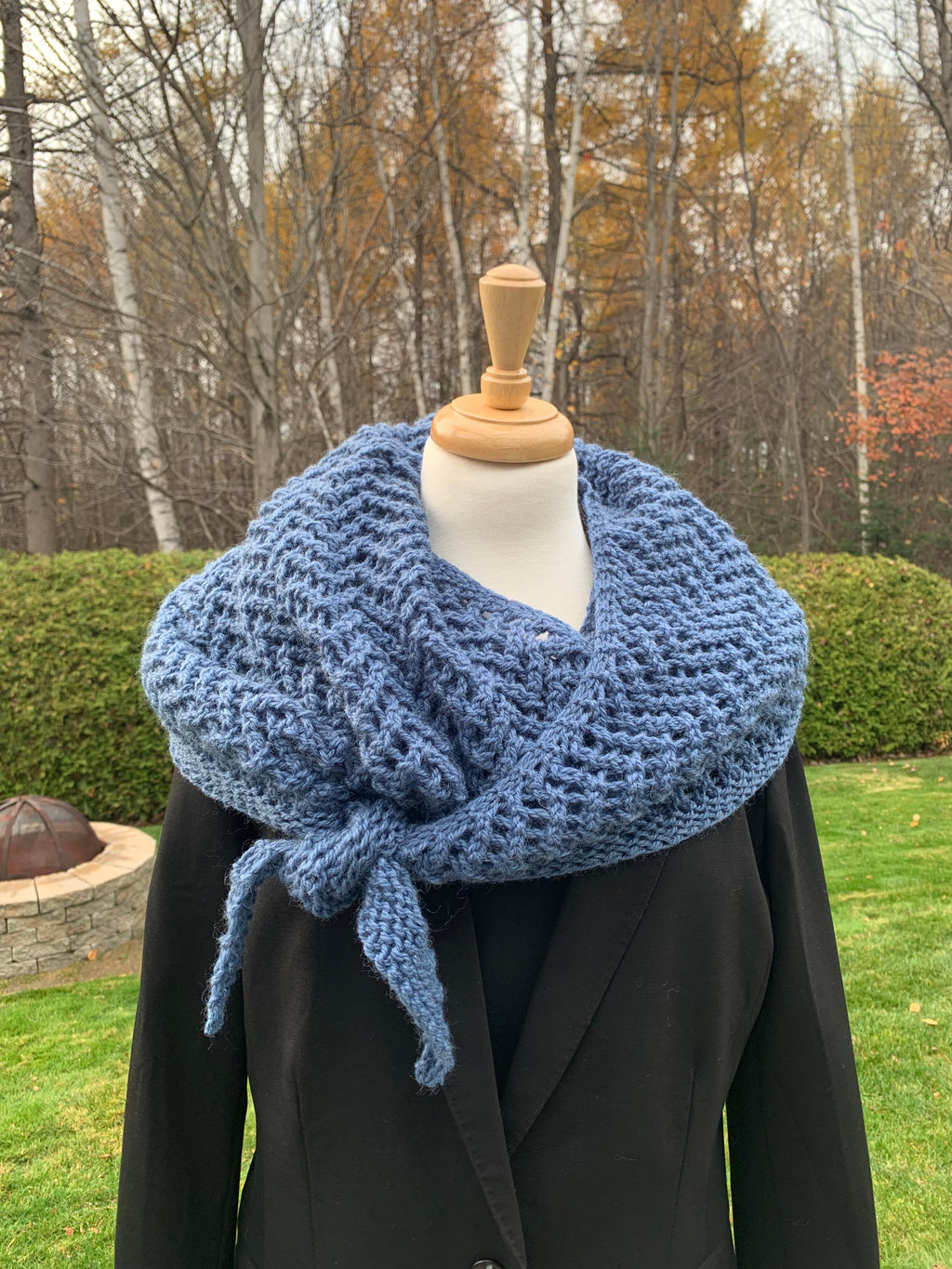 Crochet-knitted blue shawl, 100% wool