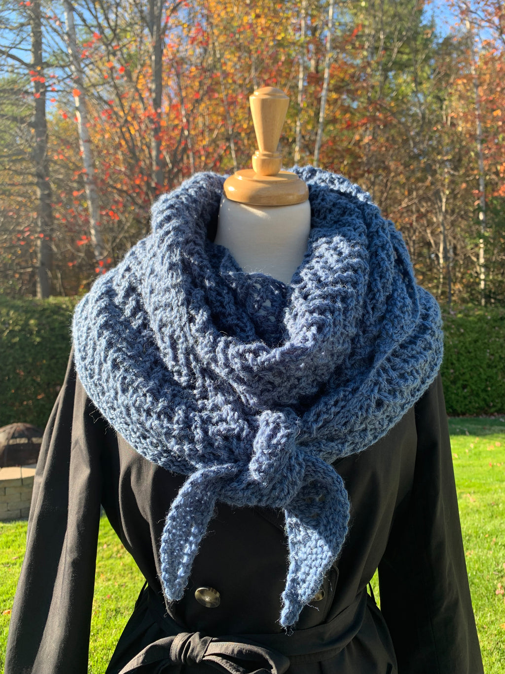 Crochet-knitted blue shawl, 100% wool