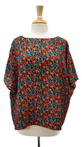 Tunique en soie, fleuri rouge et turquoise sur fond noir
