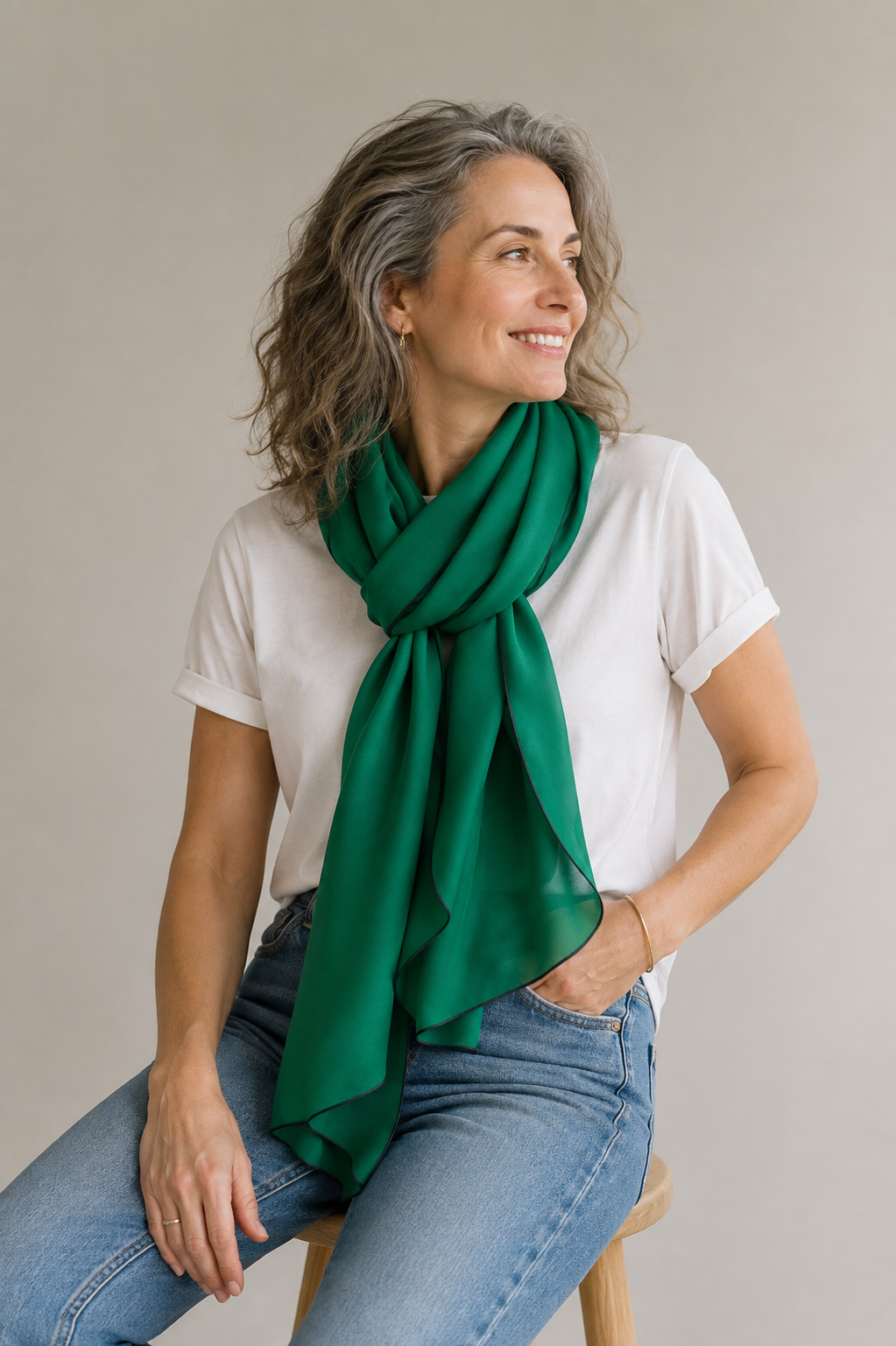 Long emerald green silk scarf
