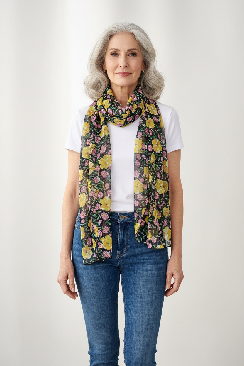 Long voile scarf printed with yellow, pink flowers and green foliage.