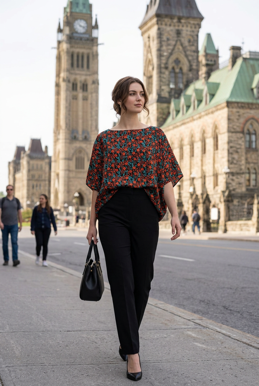 Tunique en soie, fleuri rouge et turquoise sur fond noir